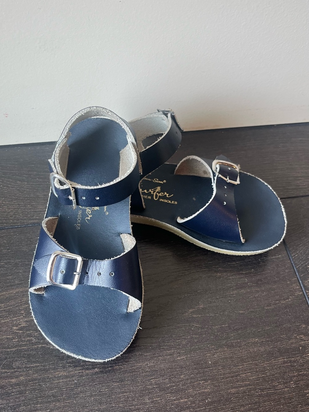 Kids Navy Sun-San Surfer Saltwater Leather Sandals